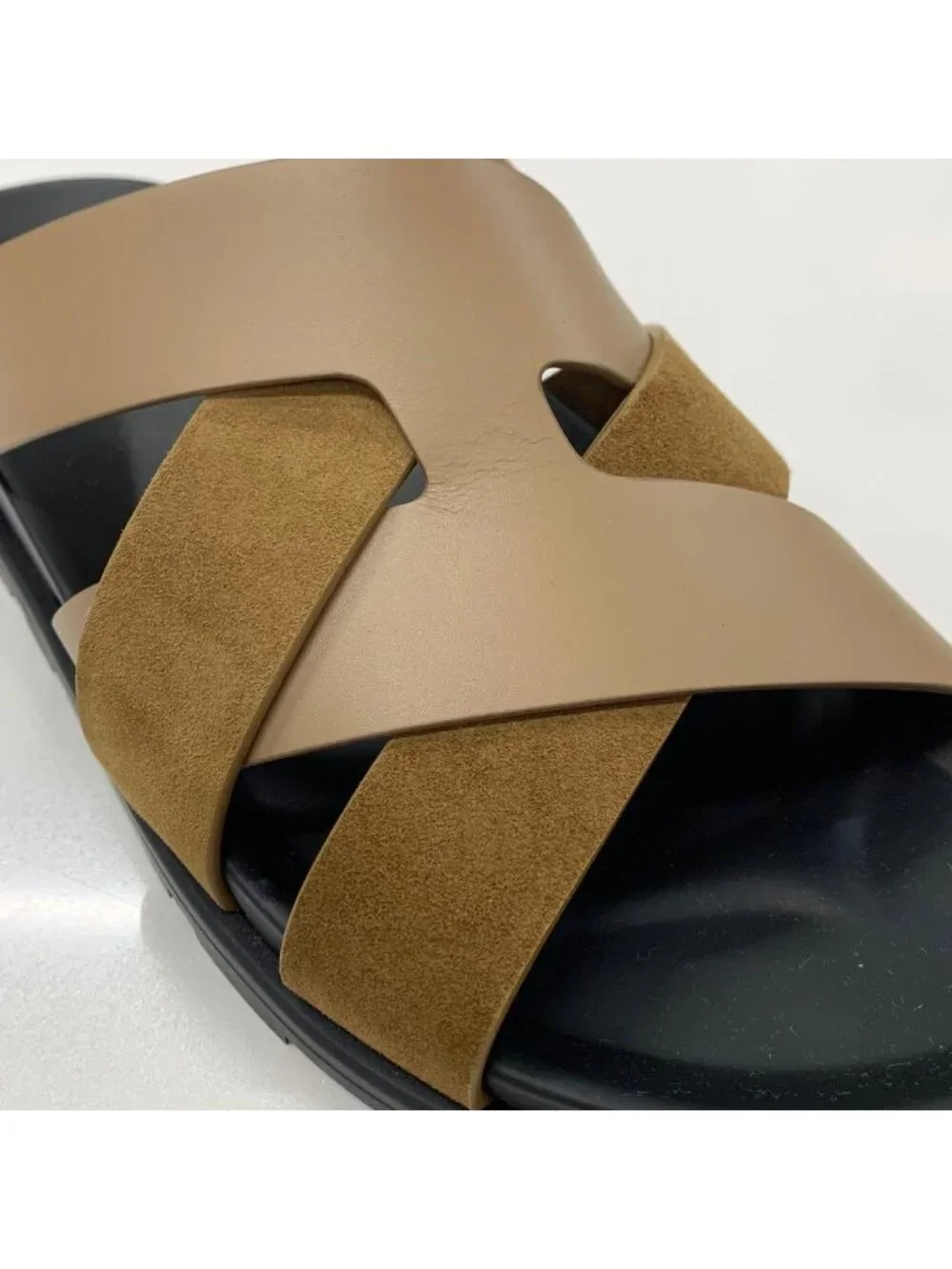 Hermes Casimir Leather Suede Flat Sandals Brown